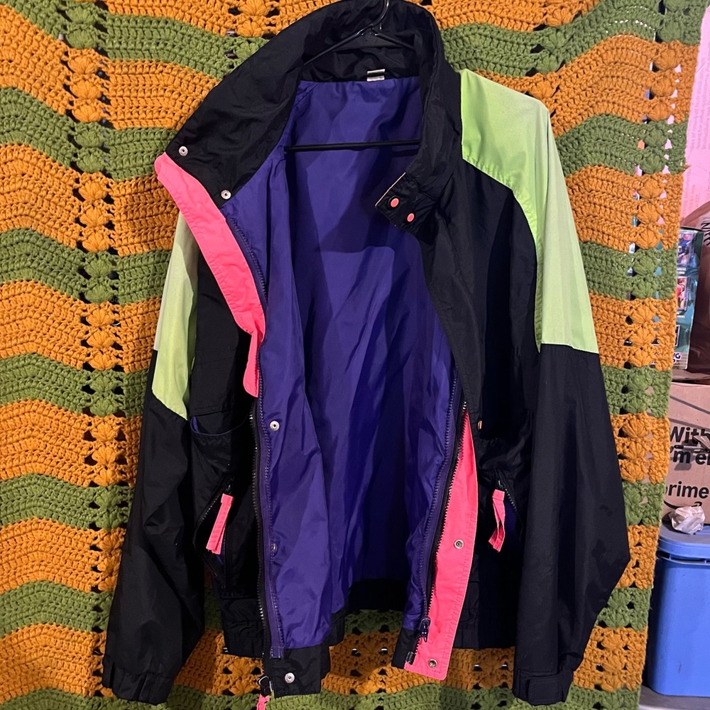 90s Vintage Colorblock Nylon Windbreaker Black Neon Lime Pink Purple M